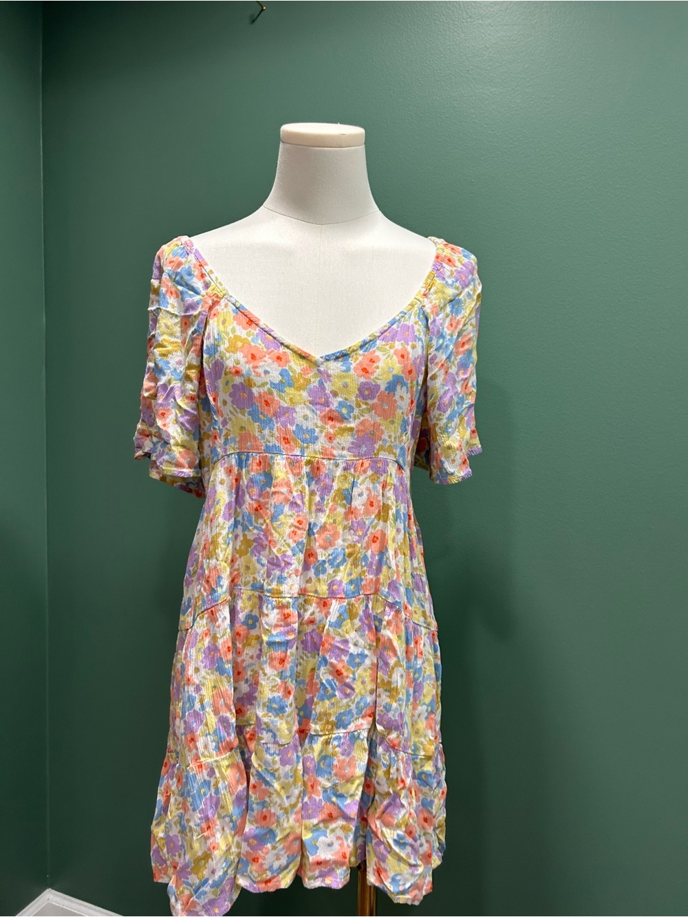 Billabong Pastel Floral Tiered Mini Dress in Lavender, Pink & Yellow